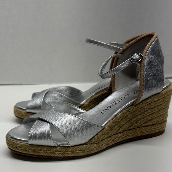 Stuart Weitzman Mirela II Espadrille Wedges Heeled Sandals Leather Silver 9.5 - Picture 2 of 10